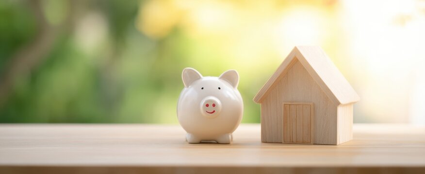 The piggy bank beside a wooden house representing savings and financial security.