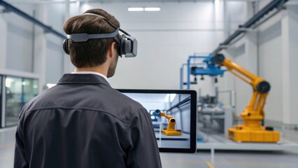 A person wearing a VR headset observes a robotic arm in an industrial setting, blending virtual reality with automation technology.