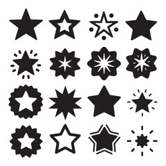  Set of black and white stars and sparkles icons. A collection of different star and twinkle shapes. Vector illustration on a white background. 