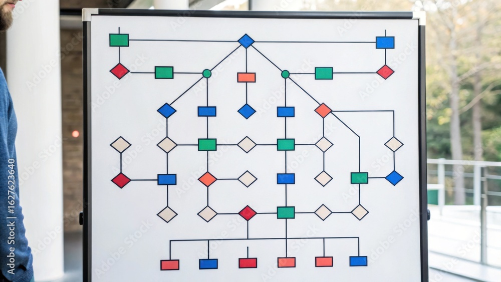 Aufkleber a flowchart displayed on a whiteboard, featuring colorful shapes and arrows, likely used for illustr