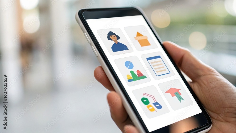 Poster a hand holds a smartphone displaying a grid of icons representing various digital services or applic