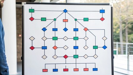A flowchart displayed on a whiteboard, featuring colorful shapes and arrows, likely used for illustrating processes or decision-making.