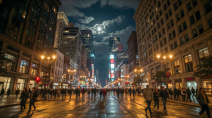 A bustling city street at night, illuminated by streetlights and illuminated billboards, with a crowd of people walking under a full moon.