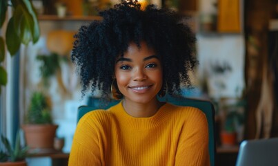 Happy Black woman working remotely, participating in a virtual video team meeting. The image represents a flexible work culture, showcasing a female digital nomad freelancing, Generative AI