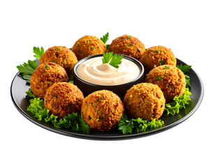 Plate of chickpeas falafel with tahini sauce isolated on transparent png