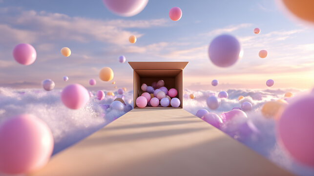 Giant open cardboard box releasing a flowing ribbon-like conveyor path filled with floating pastel spheres against a vibrant sky background. Surreal fantasy product launch scene with whimsical