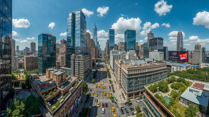 Panoramic aerial view of a bustling city street with tall skyscrapers under a bright blue sky with fluffy clouds. Yellow taxis fill the road.