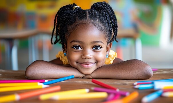 Back-to-school concept, with a happy Black African American girl on her first day of school. The image celebrates inclusive, positive, and fun education, symbolizing joyful childhood, Generative AI