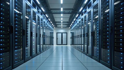 A sleek server room lined with rows of servers, illuminated by blue lights, showcasing a modern technological environment.