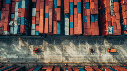 Aerial view of a vast cargo port filled with stacked shipping containers in red and blue, with forklifts operating on the concrete ground.