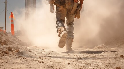 Fototapeta premium Worker Walking Through Dust at Construction Site