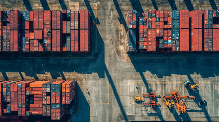 Aerial view of a busy shipping container yard with rows of stacked cargo containers, cranes, and other industrial equipment under harsh sunlight and shadows.