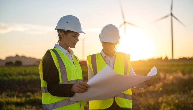 Wind Farm Engineers Reviewing Blueprint at Sunset, Sustainable Energy Project