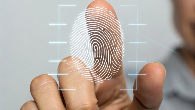 A person is scanning their fingerprint on a digital screen, showcasing biometric identification technology.