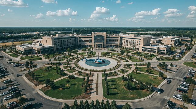Aerial view of a large, modern hospital complex with a helipad and helicopter in the foreground under a partly cloudy sky. Cars and greenery surround the buildings.