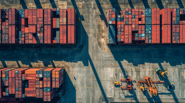 Aerial view of a busy shipping container yard with rows of stacked cargo containers, cranes, and other industrial equipment under harsh sunlight and shadows.