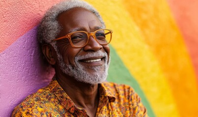 Inclusive image of a happy, confident, gay Black elderly man standing against a rainbow wall background. The scene celebrates diversity and the inclusion of the LGBTQ+ community, Generative AI