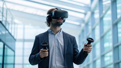 A man wearing a virtual reality headset holds controllers, immersed in a tech environment, showcasing modern gaming and VR experiences.
