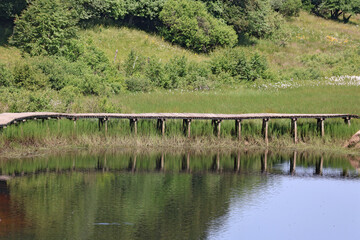 un passage de bois sur le petit lac de campagne