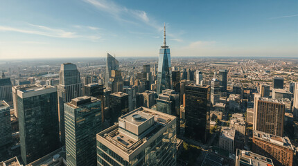 An aerial view of a sprawling cityscape under a clear blue sky, showcasing numerous modern skyscrapers with the iconic One World Trade Center prominently featured.