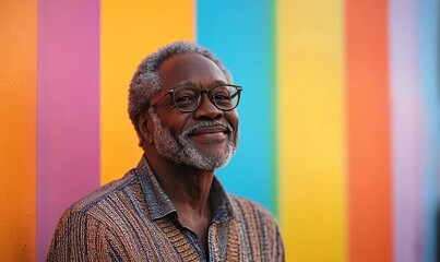 Inclusive image of a happy, confident, gay Black elderly man standing against a rainbow wall background. The scene celebrates diversity and the inclusion of the LGBTQ+ community, Generative AI