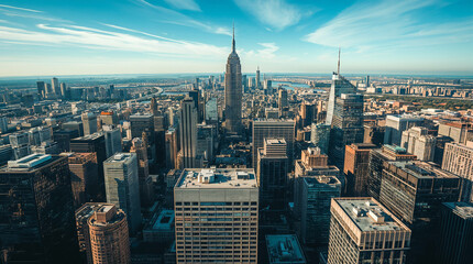 Aerial view of the New York City skyline on a clear day, featuring the iconic Empire State Building and numerous other skyscrapers.
