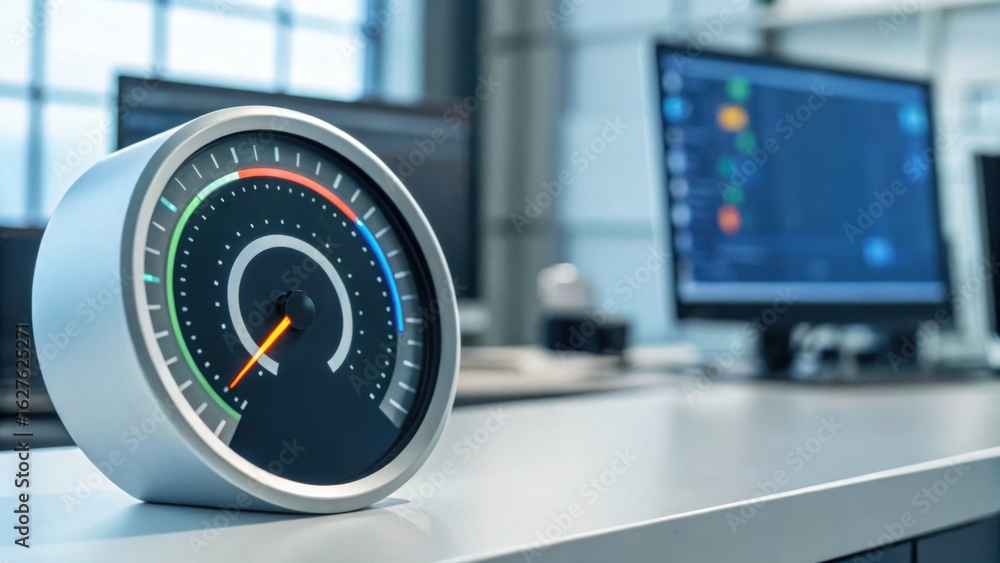 Poster a sleek speedometer on a modern desk, with computers in the background, showcasing a blend of techno