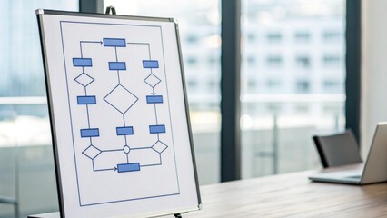 A flowchart displayed on an easel in a modern office setting, illustrating a process with various decision points and steps.