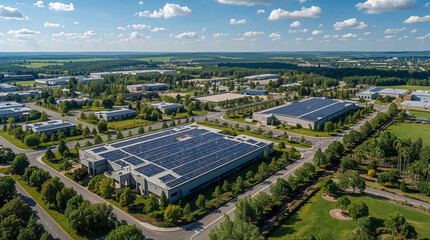 Expansive aerial view of a modern industrial park featuring large warehouses with solar panels, surrounded by greenery and a clear blue sky with fluffy clouds.