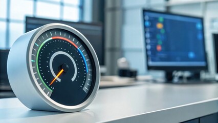 A sleek speedometer on a modern desk, with computers in the background, showcasing a blend of technology and workspace aesthetics.