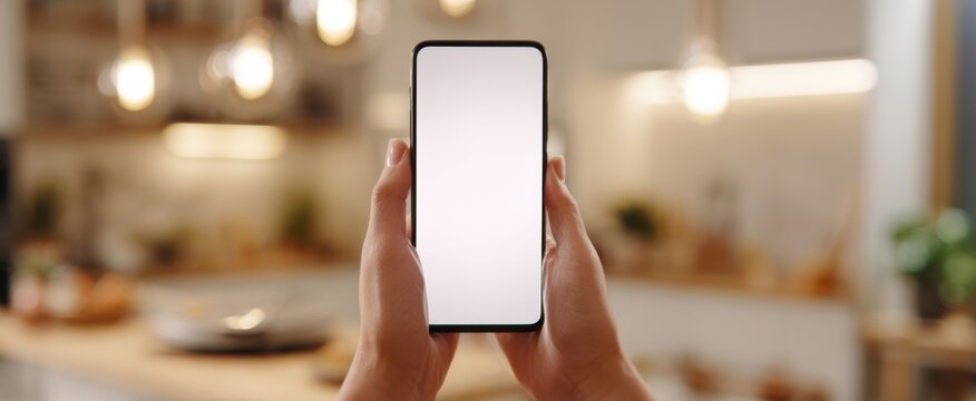 The smartphone held in hands against a stylish modern kitchen backdrop.