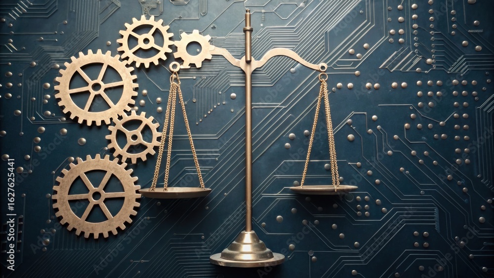 Poster a balance scale surrounded by gears on a circuit board background, symbolizing the intersection of j