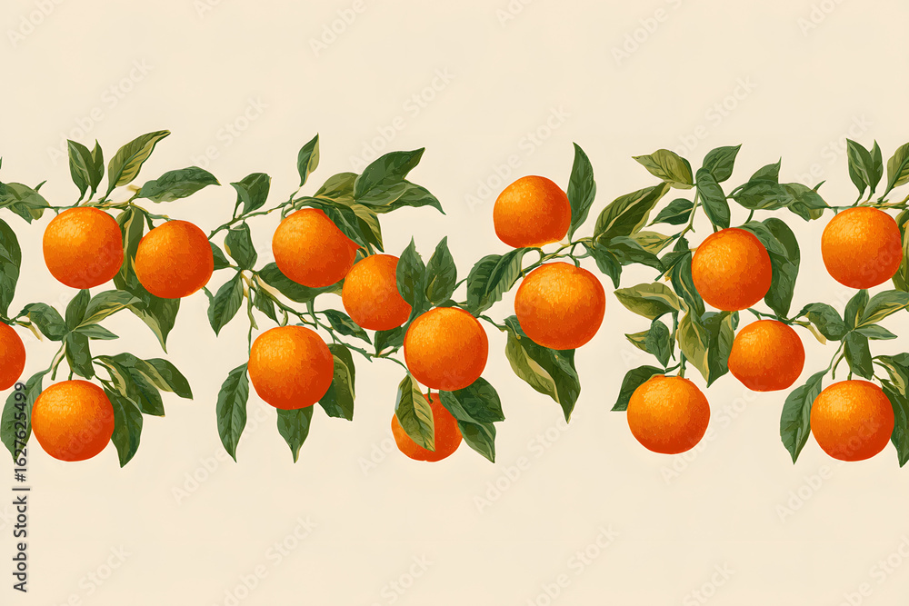 Poster fruit border pattern, seamless tangerine harvest border design with clusters of oranges and leaves f