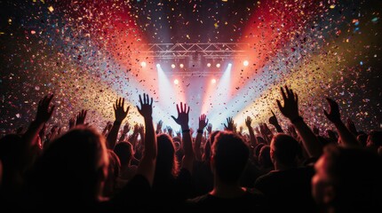 A dynamic concert arena overflowed with silhouetted fans, confetti falling, vibrant beams of red, blue, and yellow lights illuminating a euphoric crowd.