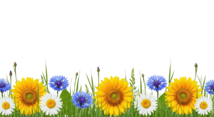 Vibrant horizontal border with bright yellow sunflowers, blue cornflowers, white daisies, and green foliage, isolated on a transparent background with copy space. Concept of summer nature