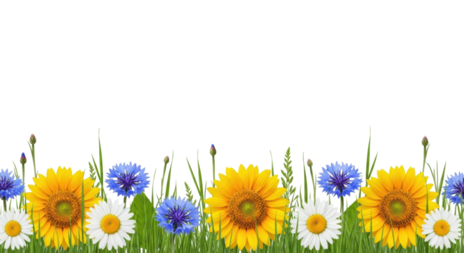 Vibrant horizontal border with bright yellow sunflowers, blue cornflowers, white daisies, and green foliage, isolated on a transparent background with copy space. Concept of summer nature - Powered by Adobe
