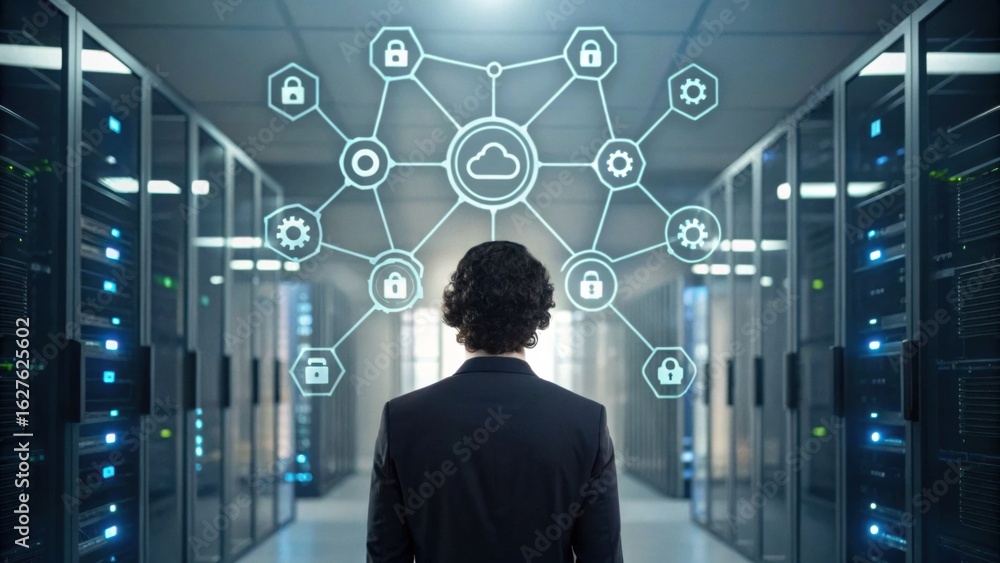 Poster a person stands in a server room, looking at cloud network graphics, symbolizing data security and d