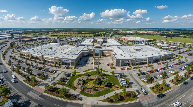 An aerial drone view of a modern, sprawling shopping center with a large parking lot, surrounded by green spaces and under a bright blue sky with fluffy clouds.