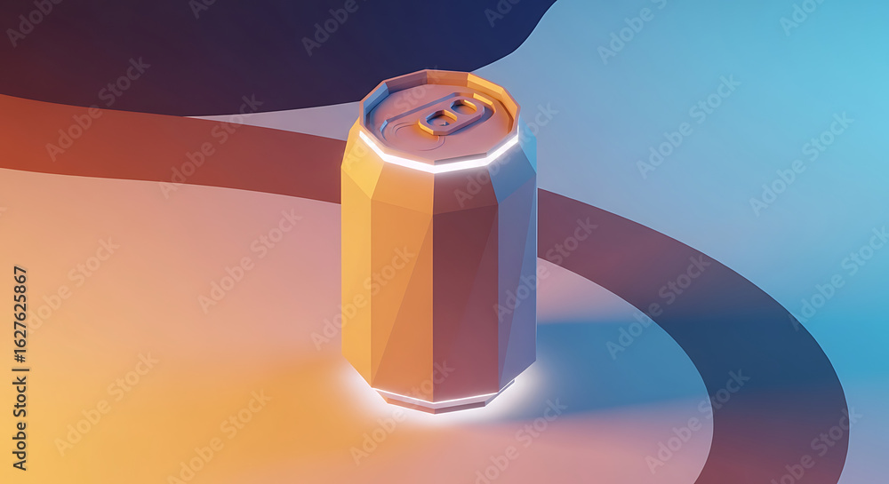Poster a low-poly aluminum can with a pull tab, illuminated with a glowing edge, sits on a colorful gradien