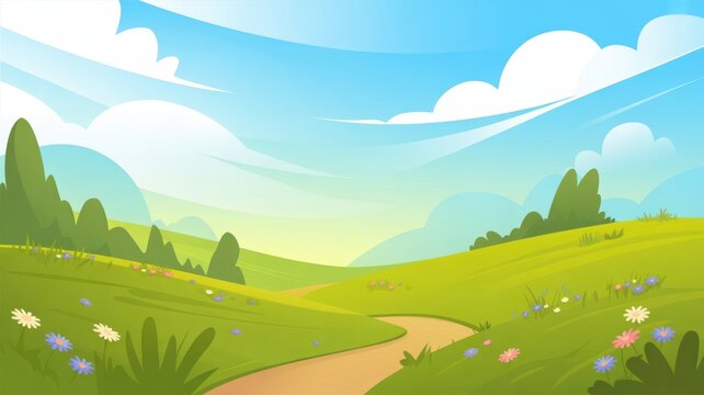 Cartoon landscape with rolling green hills and a winding path isolated on white background isolated on transparent background
