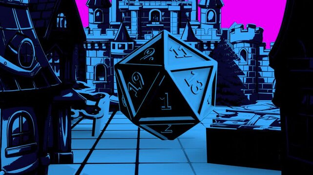 A stylized intro with a game dice d20. Board for playing in DnD with decorative houses. The cube stops on the side with the number 20. Solid color for keying.