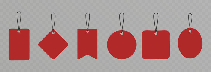 Set of empty red vector price tags and labels. PNG template of paper discount tags with black strings. Isolated on a transparent background.