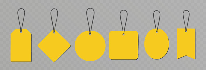 Set of empty yellow vector price tags and labels. PNG template of paper discount tags with black strings. Isolated on a transparent background.