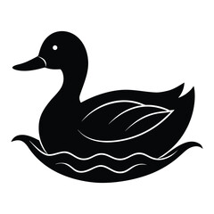 Black silhouette of a duck swimming on stylized water waves white