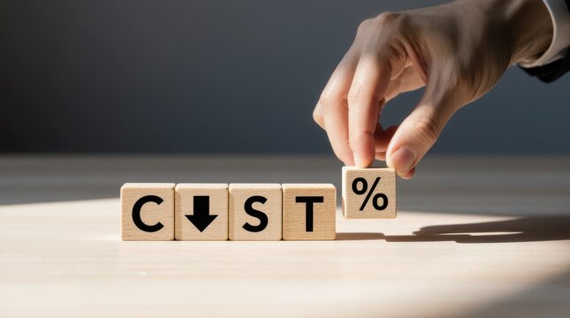 Wooden COST blocks with a hand placing a down arrow and percent sign, bright scene, clear business theme for savings or decrease.