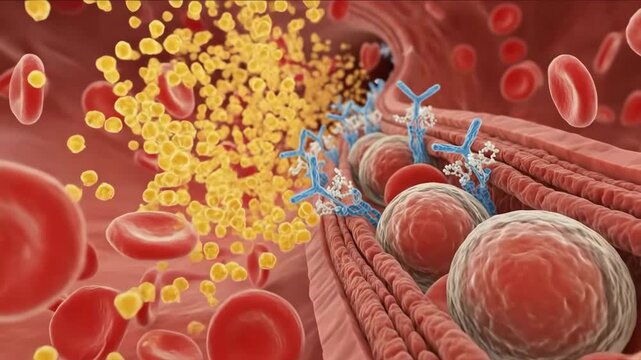 Cross-Section of Blood Vessel Showing Red Blood Cells, Plaque Buildup, Antibodies, and White Blood Cells, Atherosclerosis, Cholesterol, and Immune System Visual, Type 2 diabetes