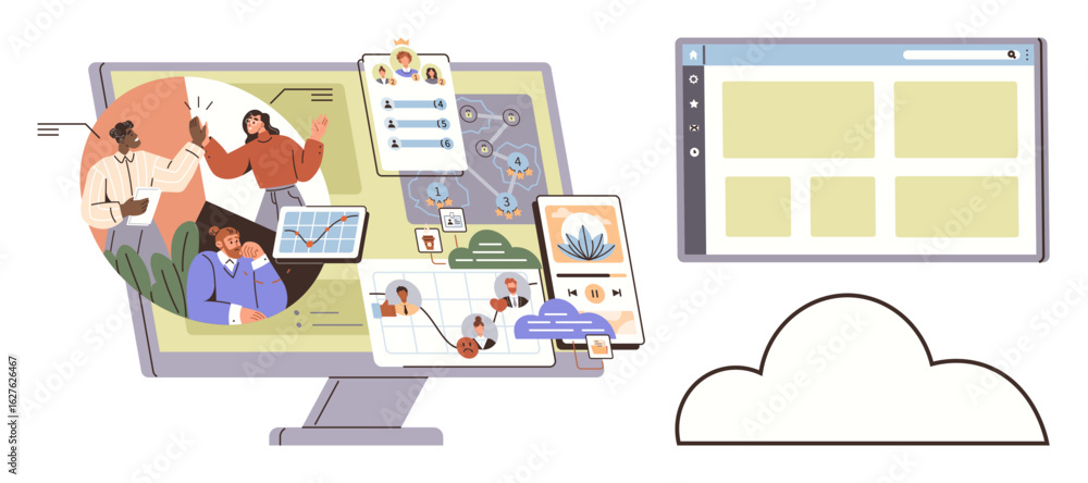 Poster computer screen displaying collaboration tools, user profiles, project workflows, analytics, and clo