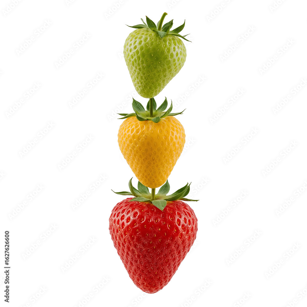 Poster vertical alignment of gradient color changing strawberries against a stark isolated transparent