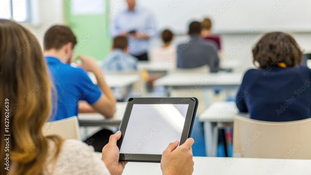 Aufkleber a student holds a tablet while attending a class, with fellow students focused on the lesson being p