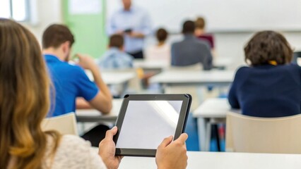 A student holds a tablet while attending a class, with fellow students focused on the lesson being presented by the instructor in the background.